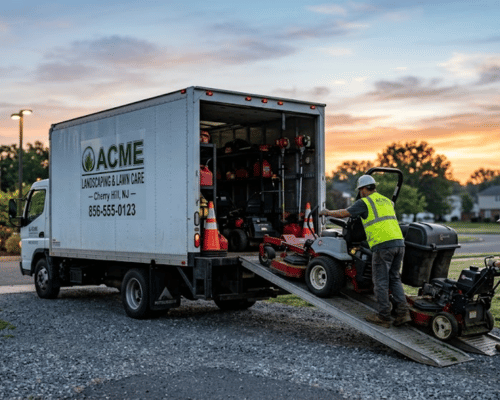 Box truck with mowers being unloaded for a lawn care job