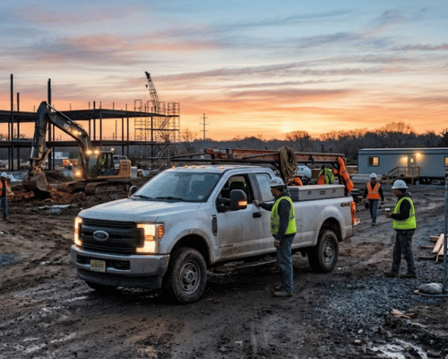 Pickup truck at a construction jobsite at dawn