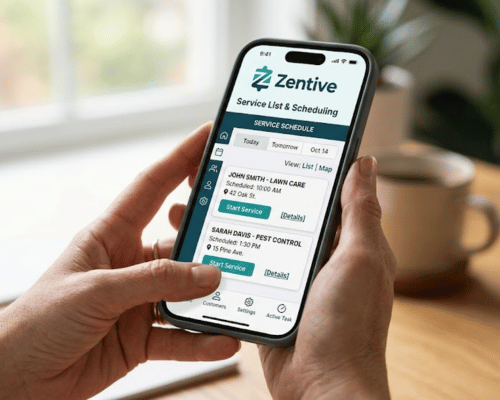 Hands holding a phone with the Zentive mobile app open