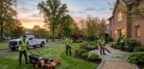 Lawn care crew mowing a property