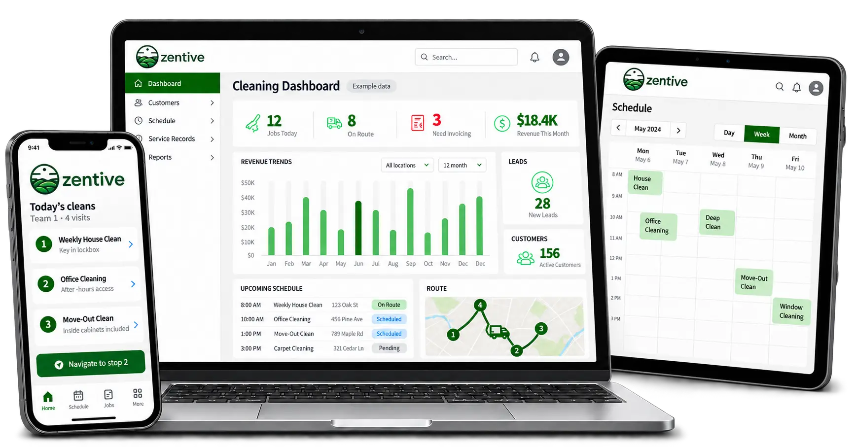 Illustrative Zentive cleaning dashboard, weekly cleaning schedule and crew route showing house, office, move-out and carpet cleaning jobs.