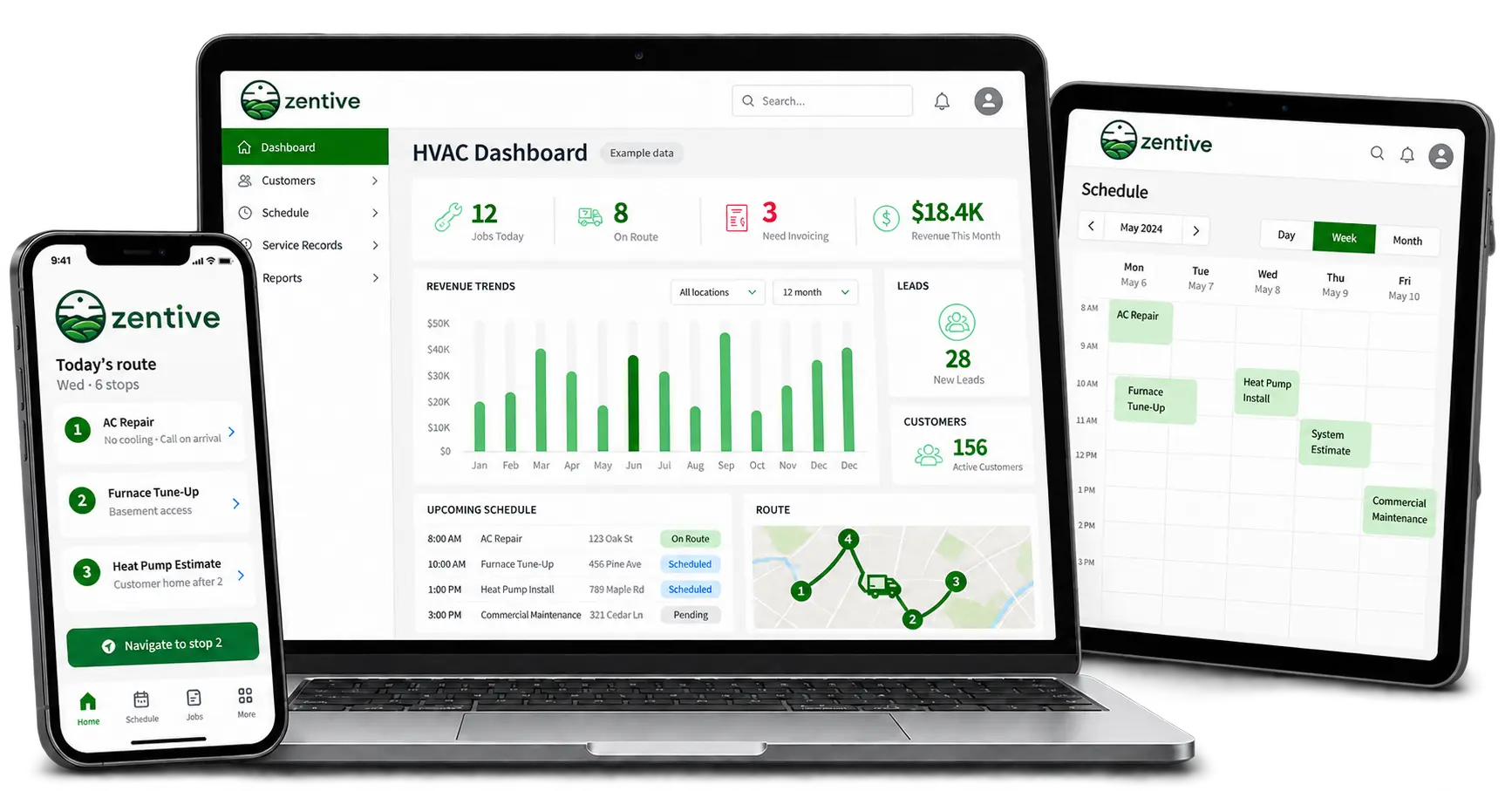 Illustrative Zentive HVAC dashboard, weekly service schedule and technician route showing AC repair, furnace tune-up and heat-pump jobs.