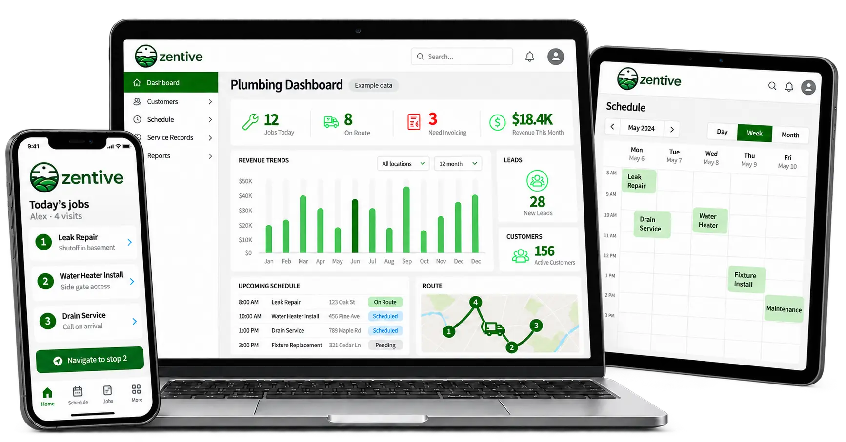 Illustrative Zentive plumbing dashboard, weekly schedule and technician route showing leak repairs, water heater installations and drain service.